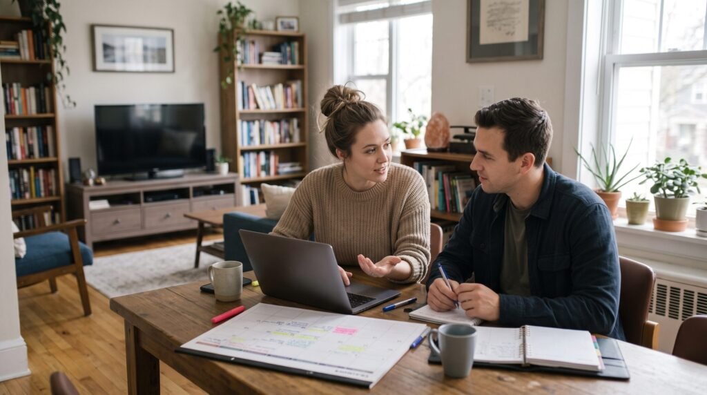 A young couple sitting at a wooden table looking at a laptop and organizing a shared desk calendar.