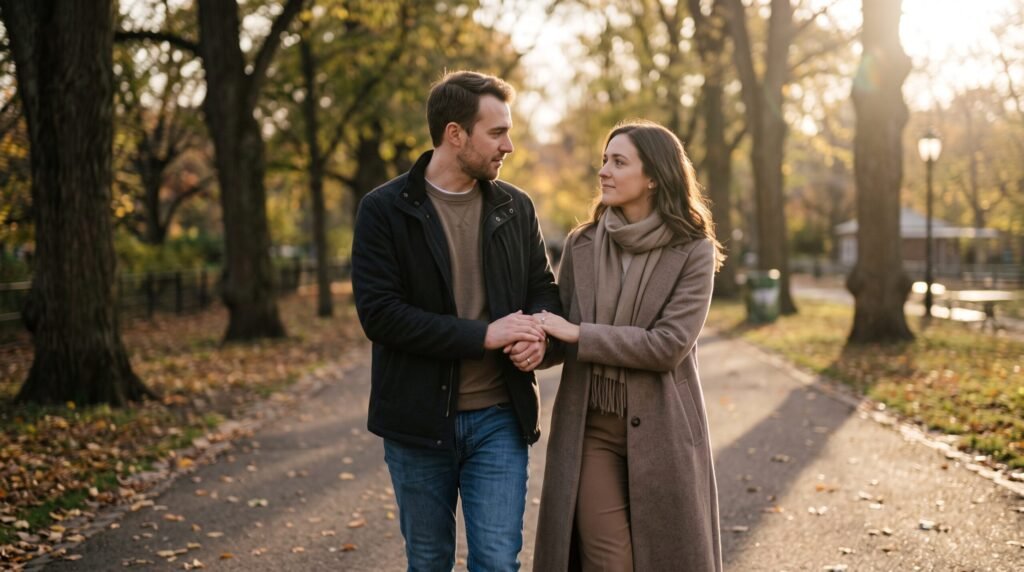 Affectionate couple walking together, using practical Relationship Advice.