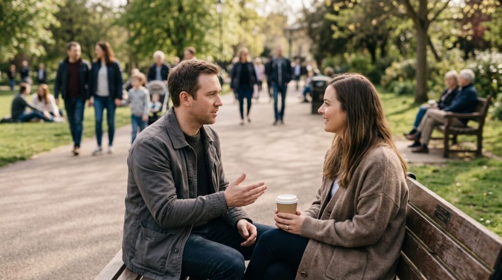 Couple talking on a bench, applying Relationship Advice effectively