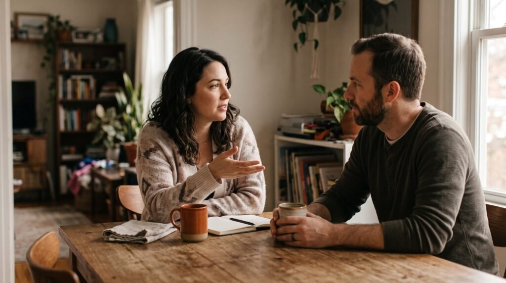 Serious couple talking openly and applying Relationship Advice.