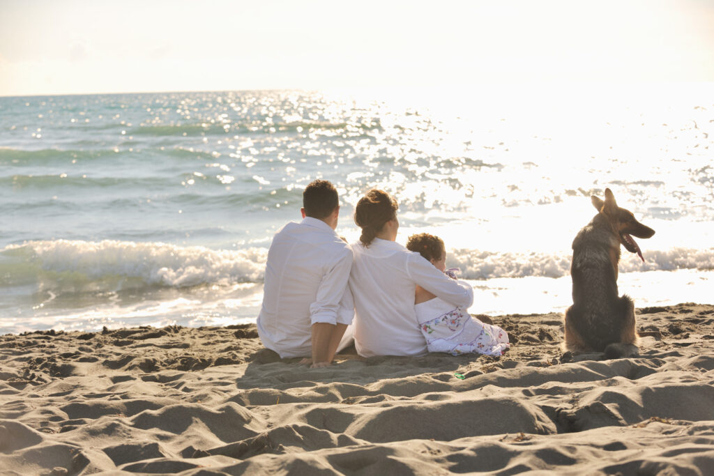 happy young family in white clothing have fun and play with Lifestyle beautiful dog at vacations on beautiful beach beautyrelationship.com