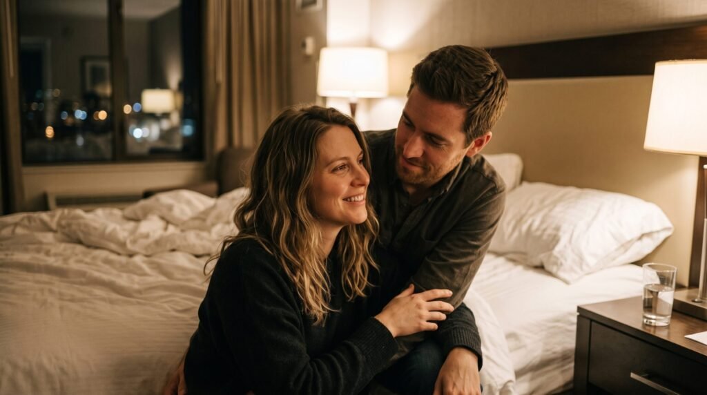 Relationship advice for married couples showing a happy husband and wife sharing an intimate, affectionate moment together sitting on a bed in a warmly lit bedroom.