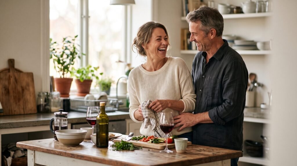 Happy couple cooking together following Relationship Advice.