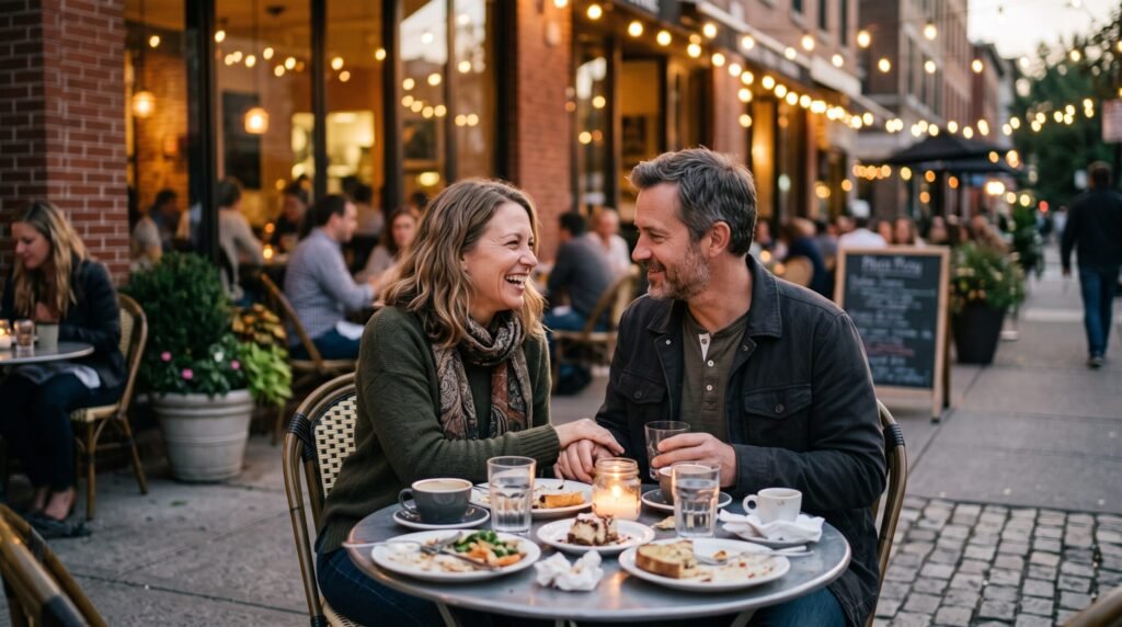 Happy couple on a dinner date following expert Relationship Advice.