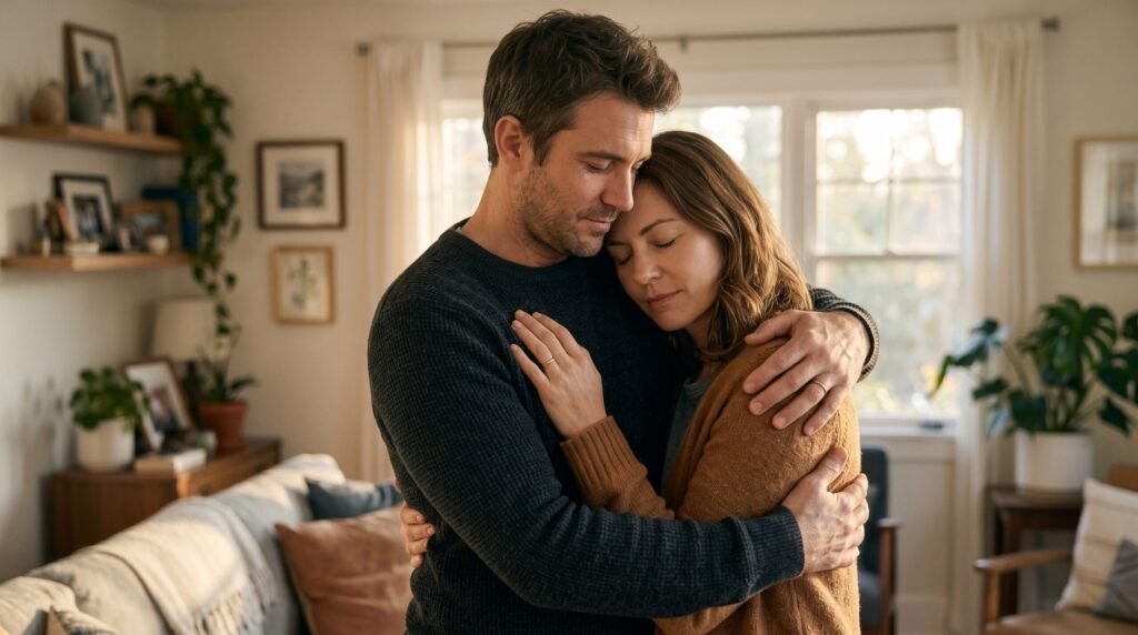 Loving couple embracing at home, reflecting healthy Relationship Advice.