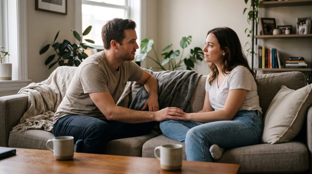 Couple on a couch listening to relationship advice