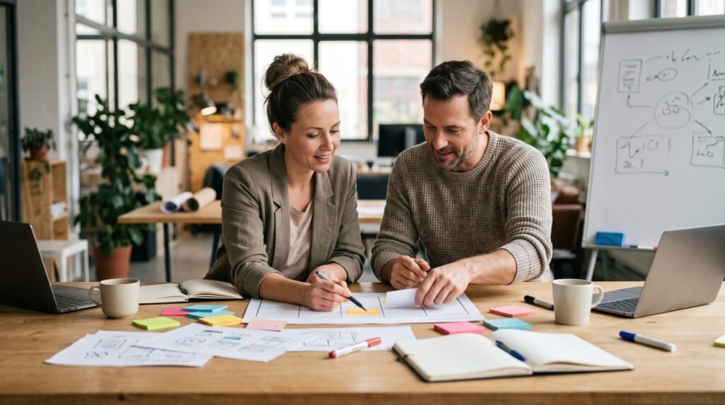 Professional couple collaborating at a desk, practicing solid Relationship Advice.