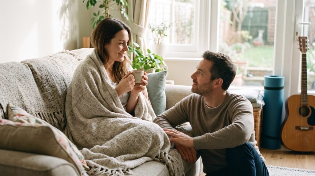 Relationship advice for married couples showing a supportive husband comforting his wife as she sits on a sofa wrapped in a blanket, demonstrating how to take care of yourself and each other.