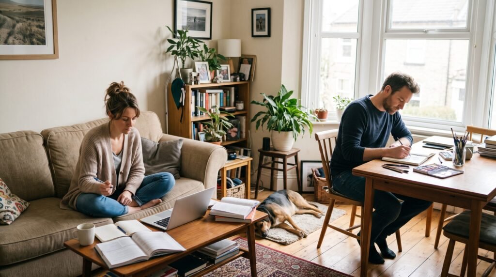 A couple working independently in a living room with a dog sleeping on the floor.
