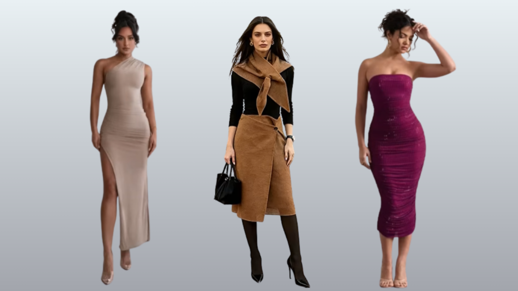Three women modeling a variety of chic seasonal looks, providing a visual guide for choosing dinner date night outfits for different seasons.