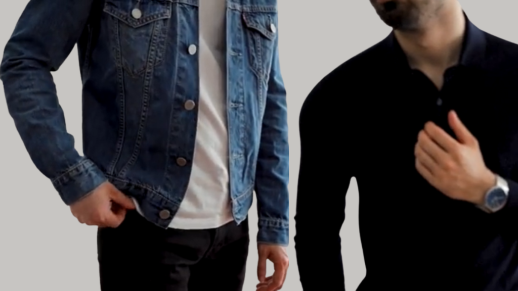 A side-by-side comparison of two men's looks, featuring a casual denim jacket outfit and a sleek black polo shirt, illustrating how husbands can participate in date night style with versatile dinner date night outfits when dressing for an anniversary dinner.