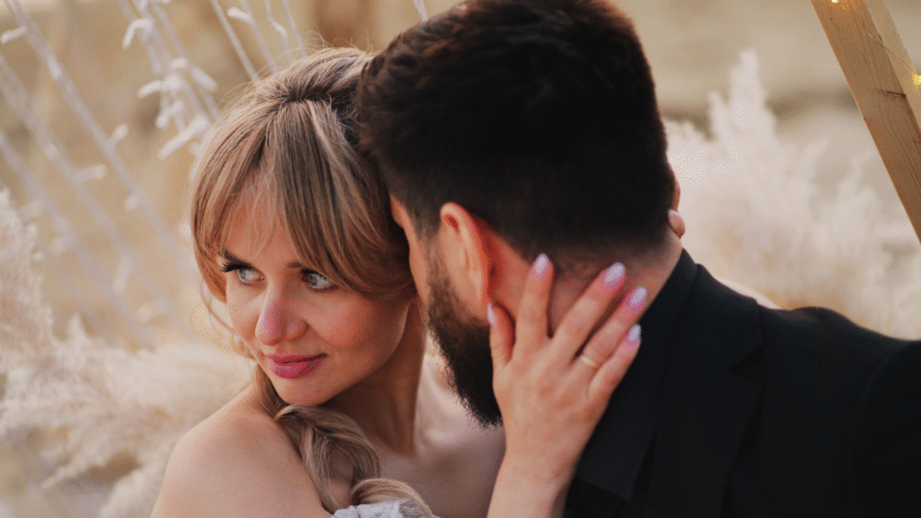 A close-up of a bride with blonde hair gently touching the neck of her groom in a black suit, capturing an intimate moment worthy of beautiful wedding wishes.