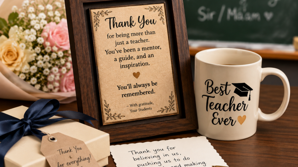 A curated display of thoughtful Teacher’s Day gift ideas, including a framed thank you message, a "Best Teacher Ever" coffee mug, a wrapped gift box, a handwritten note, and a bouquet of roses on a wooden desk.