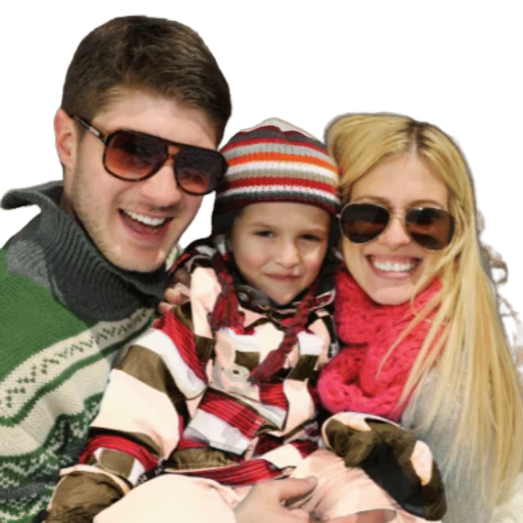 A smiling mother, father, and young child bundled up in warm winter gear, optimized as a family and parenting image on home page of beautyrelationship.com.