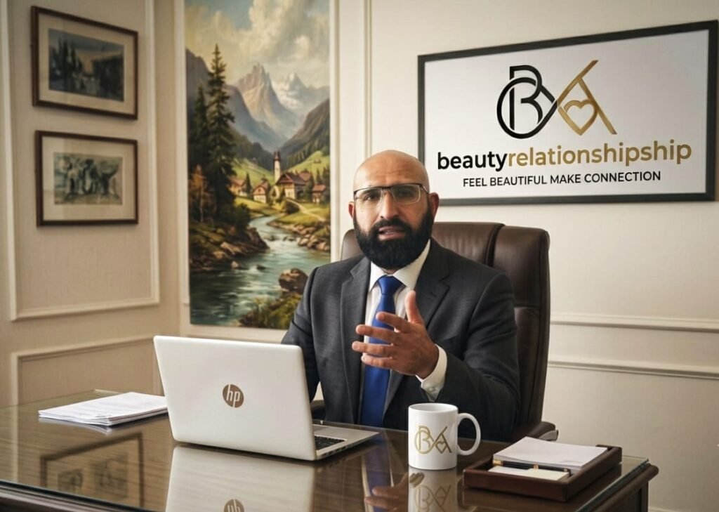 Prof. Mian Waqar Ahmad, Founder of Beautyrelationship.com, sitting at his office desk in a grey suit and blue tie, gesturing while speaking.Caption