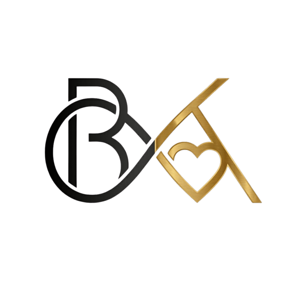 The minimalist logo of beautyrelationship.com featuring interwoven initials and a metallic gold heart motif.
