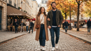 A smiling couple walking hand-in-hand down a European cobblestone street, wearing coordinated, non-cheesy fall outfits with matching neutral tones and crisp white sneakers.