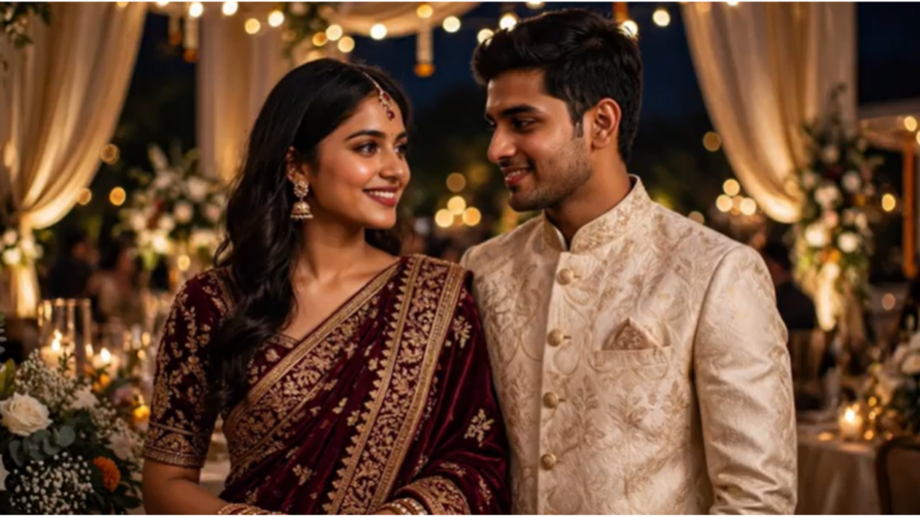 A coordinated couple posing elegantly at a South Asian wedding reception; the woman wears a rich maroon velvet saree with gold zardozi embroidery, while the man complements her in an ivory banarsi prince coat adorned with soft gold self-texture motifs.