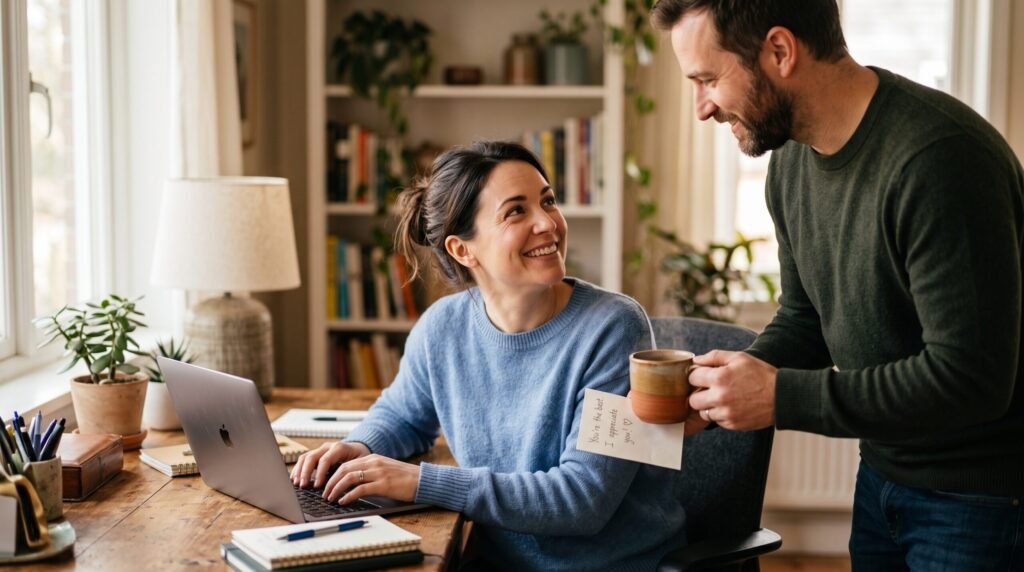 A husband hands his working wife a coffee and a love note, demonstrating how to Bring Appreciation Back Into the Marriage.