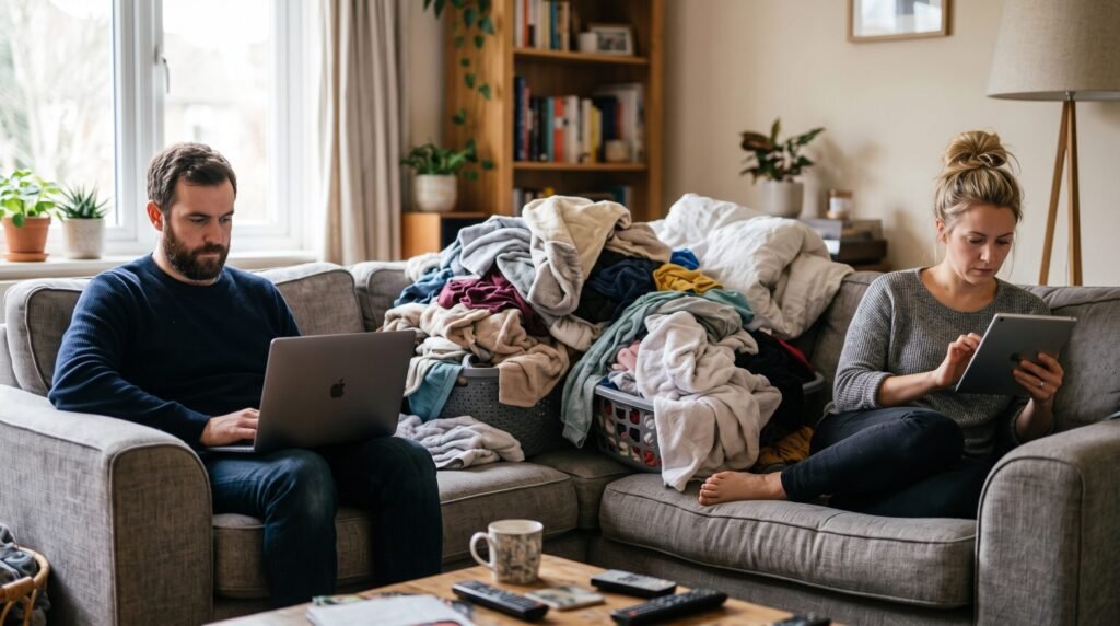 A married couple sitting apart on a couch using separate electronic devices with a massive pile of laundry between them, illustrating Common Mistakes That Keep Couples Feeling Like Roommates.