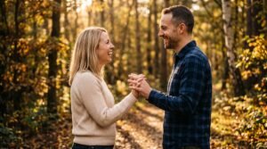 A smiling married couple holding hands in an autumn forest, illustrating Emotional Intimacy Tips for Married Couples.
