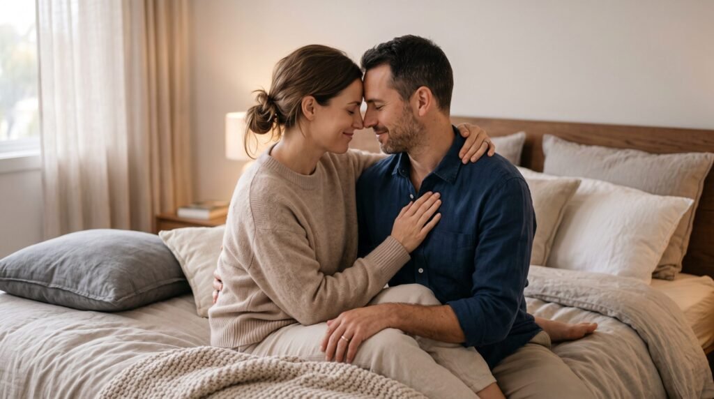 A married couple touching foreheads lovingly on a bed, showing how to Rebuild Sexual Intimacy Through Emotional Safety.