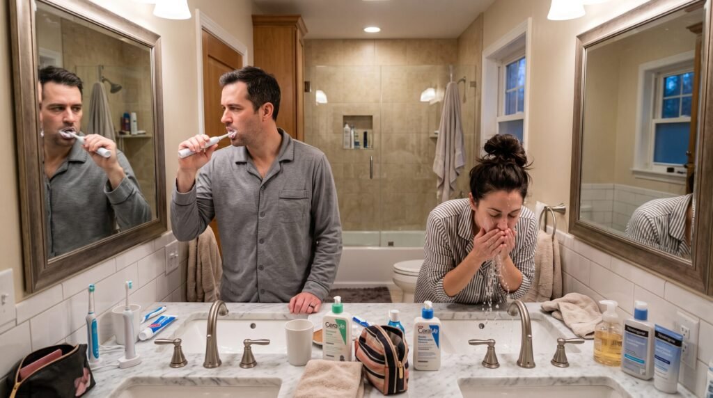A married couple completing separate morning routines at a double vanity sink, demonstrating Signs Your Marriage Has Become a Roommate Relationship.