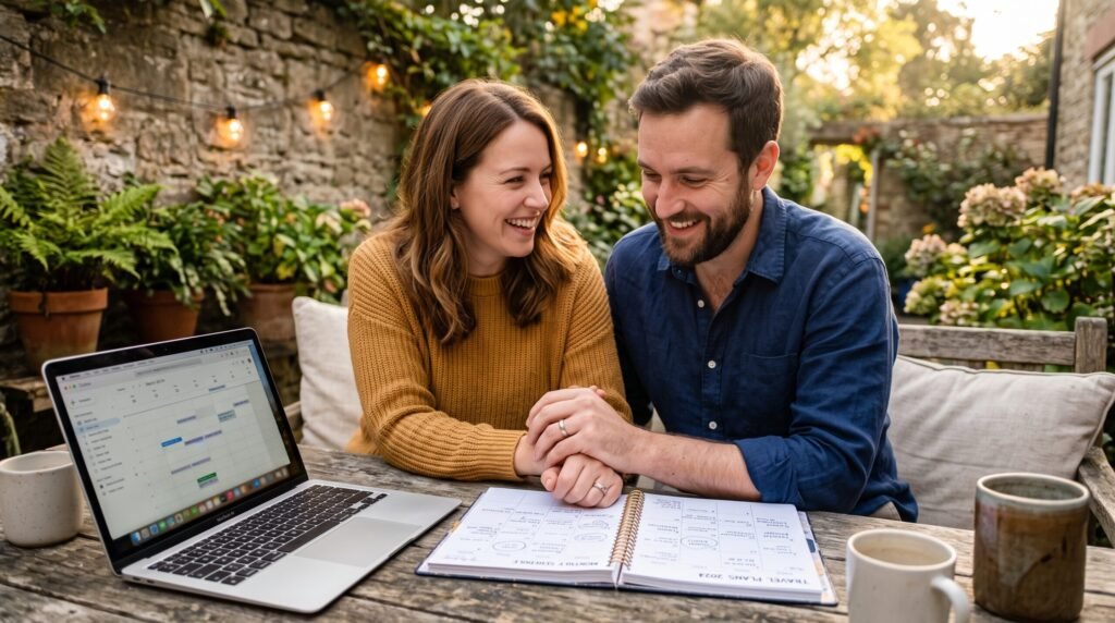 A happy couple holding hands at an outdoor table while scheduling their week, demonstrating The Weekly Relationship Meeting.