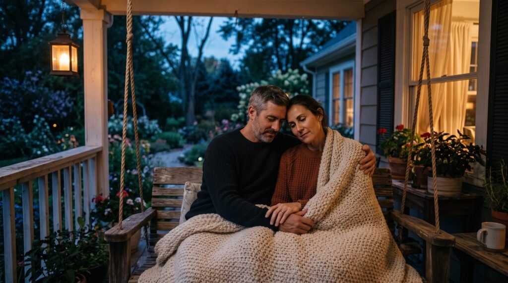 A cozy couple sharing a quiet moment on a porch swing, showing What Emotional Intimacy Really Means in Marriage through physical closeness.