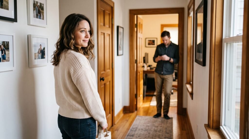 A woman standing in a hallway looking back at her husband who is distracted by his phone, highlighting What to Do When Only One Spouse Wants to Reconnect.