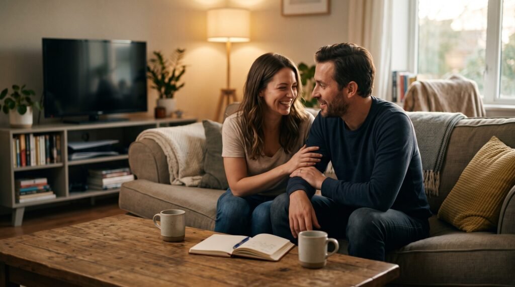 A happy husband and wife sharing a laugh on a living room sofa during a cozy conversation, showcasing a simple daily framework for stronger connection.