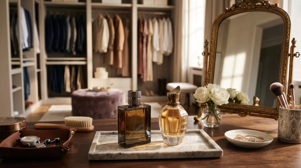 Two elegant glass perfume bottles displayed on a marble tray over a wooden vanity table, illustrating the best signature fragrances and perfumes for couples.