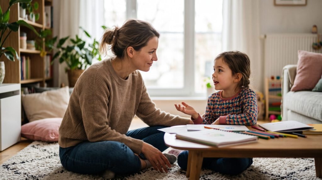 A mother actively listening to her young daughter while sitting on the floor, practicing Positive Parenting to support the child's emotional growth.