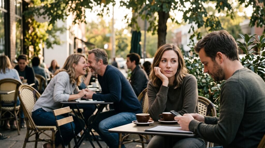 A sad woman sitting at a cafe table looking over at a happy couple nearby, depicting the trap of comparing your marriage with other couples.
