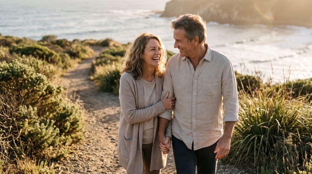 A happy mature man and woman walking arm-in-arm along a scenic coastal trail, demonstrating how couples can keep love, passion, and romance alive throughout marriage.