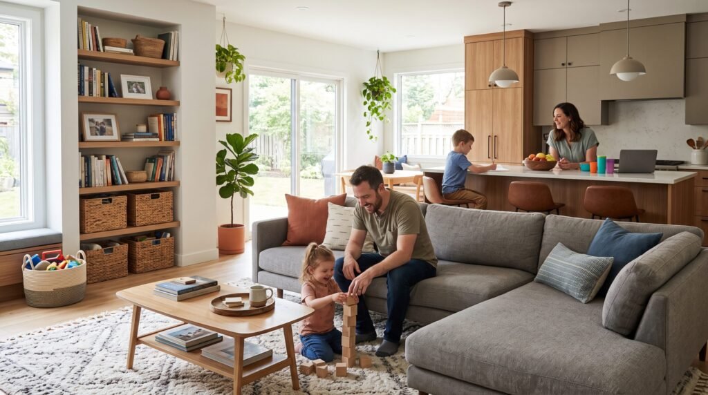 A father builds block towers with his daughter on a plush rug in a beautifully organized living space, showing Positive Parenting in a functional family home.