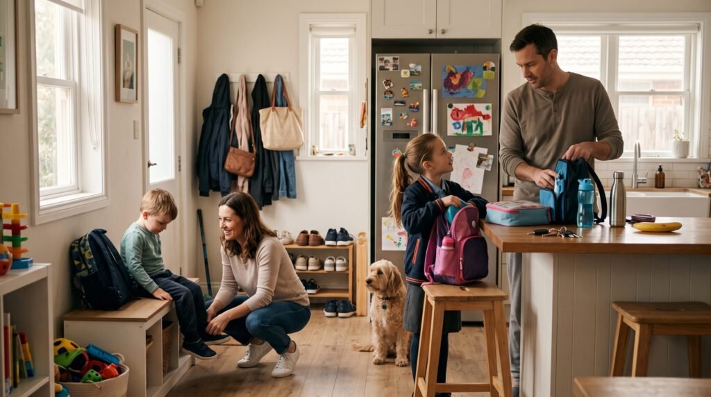 A mother helps her young son tie his shoes while a father packs lunch bags, demonstrating Positive Parenting during a structured morning routine.