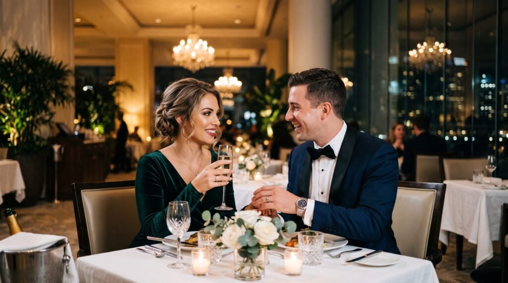 A woman sitting across from her partner at a beautifully set restaurant table, capturing the atmosphere of elegant dinner dates.