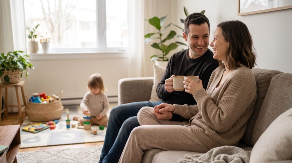A smiling couple holds hands and drinks coffee on a sofa while practicing Positive Parenting by keeping a close connection as partners.