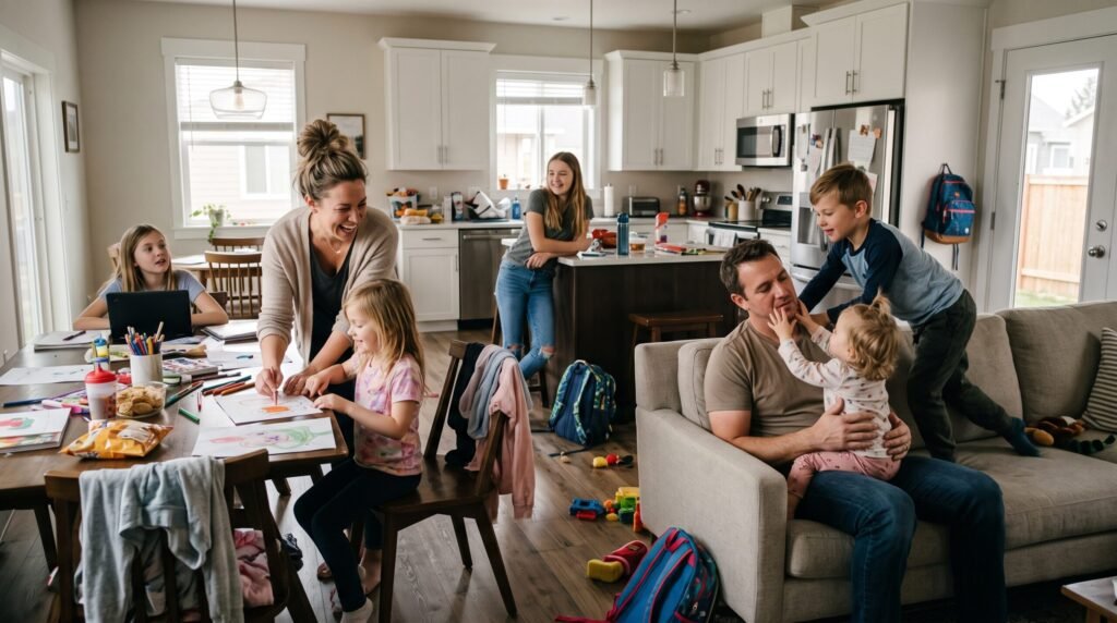 A bustling family scene in an open-concept living space highlighting the concept of Positive Parenting amid daily chaos.