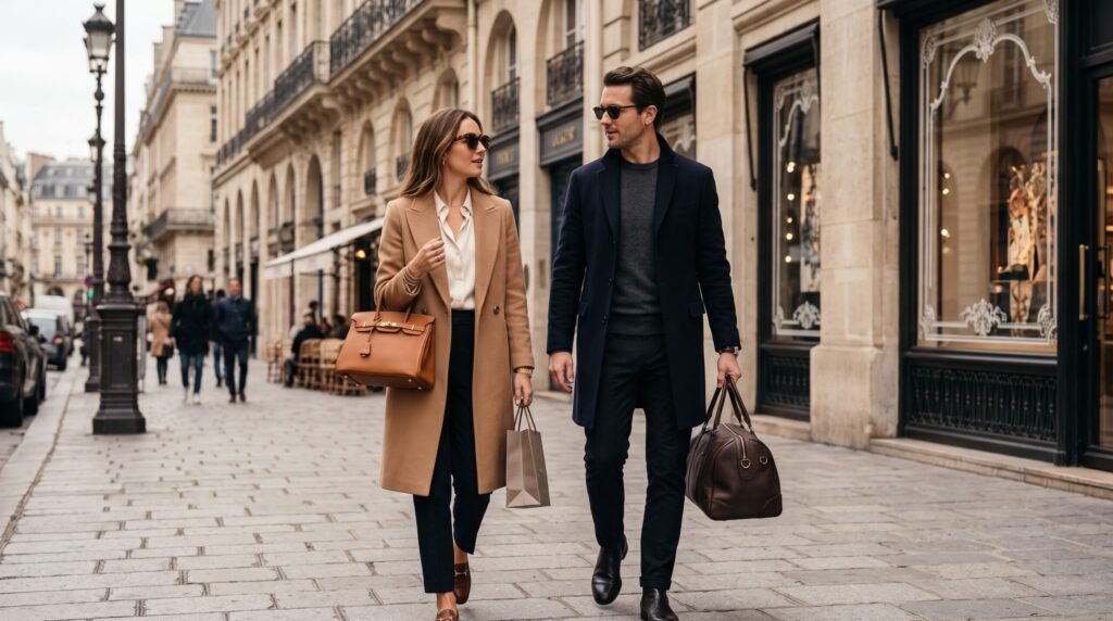 A stylish man and woman walking down a European city street, highlighting luxury couple accessories and fashion trends with high-end designer bags and tailored coats.