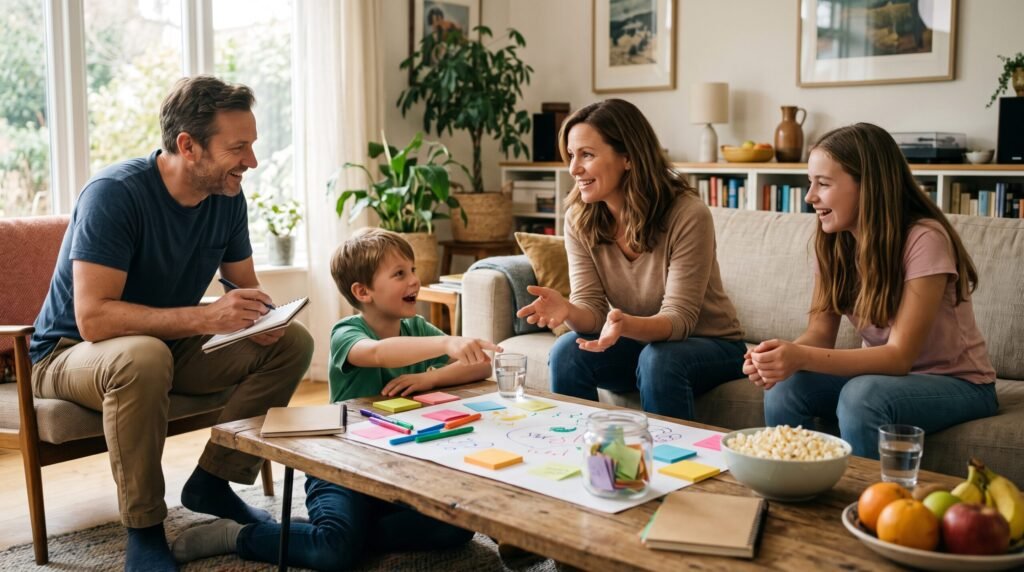 A happy family gathers around a coffee table filled with colorful sticky notes and a poster, practicing Positive Parenting during a collaborative meeting.