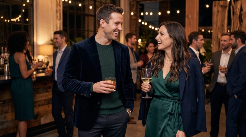 A stylish man and woman laughing together at a cocktail party, showcasing how to style matching couple outfits without looking identical using complementary green and navy tones.