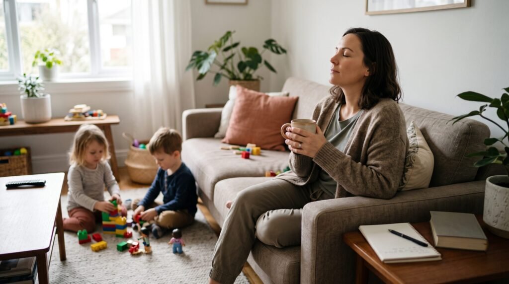 A mother rests her eyes and sips tea on a couch, demonstrating Positive Parenting by managing stress while her kids play nearby.