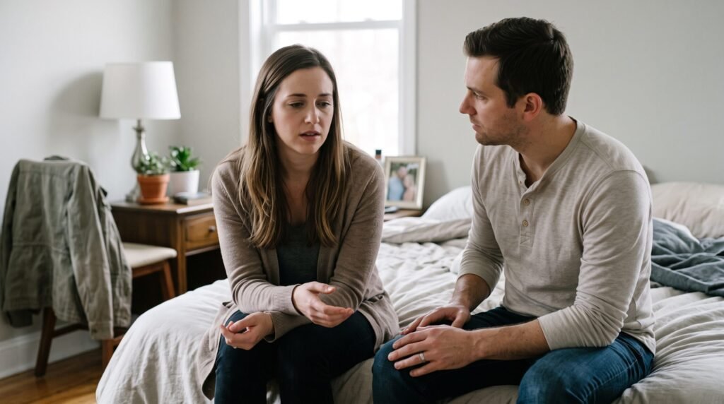 • A serious man and woman sitting together on the edge of a bed, having an honest conversation about relationship issues and marriage challenges.