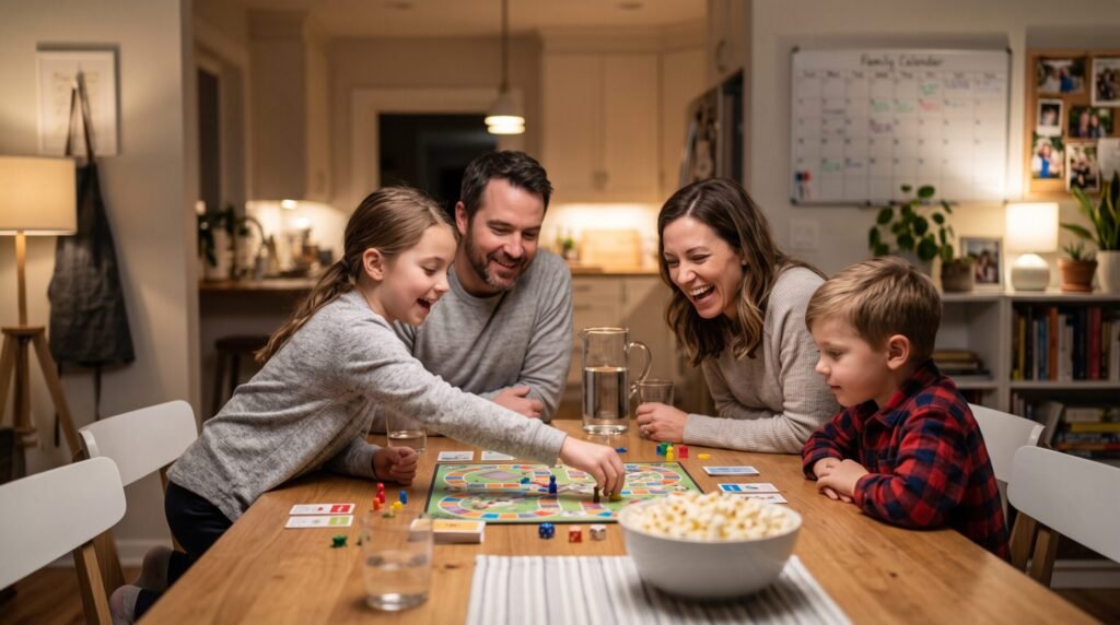 A happy family enjoys a board game together around a wooden table, demonstrating Positive Parenting during a structured weekly bonding activity.
