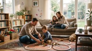 A cozy living room scene showcasing positive parenting, where a father plays with his young son on a toy train track, a mother reads a book with her daughter on the sofa, and a family dog rests nearby.