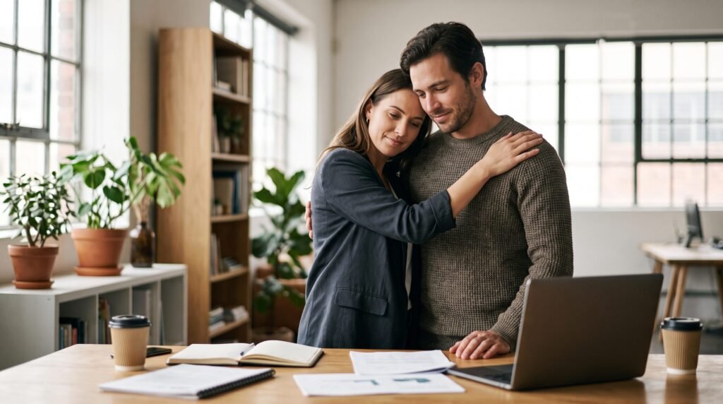 A supportive woman leaning gently against a man at a desk with a laptop, showing how couples can rebuild trust after disappointment.