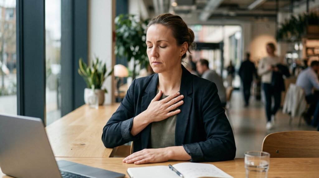 A stressed business woman sitting at a desk with a laptop and placing a hand on her chest to recognize your escalation signals and practice emotional regulation.