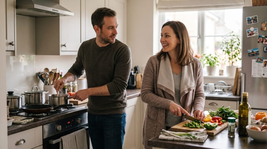 A happy husband and wife cooking together in a kitchen, reflecting positive relationship advice for couples and marriage.